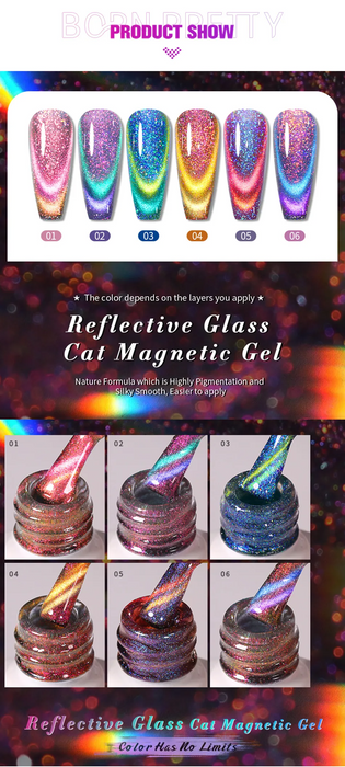 BORN PRETTY DOUBLE LIGHT REFLECTIVE GLASS CAT MAGNETIC GEL SPARKLING RAINBOW COLOR GEL NAIL POLISH VARNISH SEMI PERMANENT