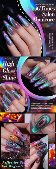 BORN PRETTY DOUBLE LIGHT REFLECTIVE GLASS CAT MAGNETIC GEL SPARKLING RAINBOW COLOR GEL NAIL POLISH VARNISH SEMI PERMANENT