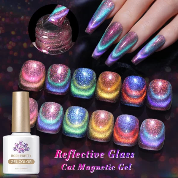 BORN PRETTY DOUBLE LIGHT REFLECTIVE GLASS CAT MAGNETIC GEL SPARKLING RAINBOW COLOR GEL NAIL POLISH VARNISH SEMI PERMANENT