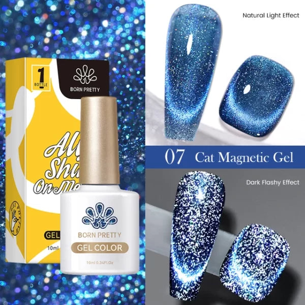 BORN PRETTY DOUBLE LIGHT REFLECTIVE GLASS CAT MAGNETIC GEL SPARKLING RAINBOW COLOR GEL NAIL POLISH VARNISH SEMI PERMANENT