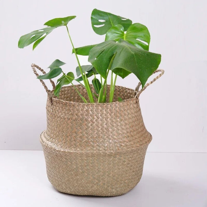 HANDMADE BAMBOO STORAGE BASKETS FOLDABLE LAUNDRY STRAW PATCHWORK WICKER RATTAN SEAGRASS BELLY GARDEN FLOWER POT PLANTER BASKET