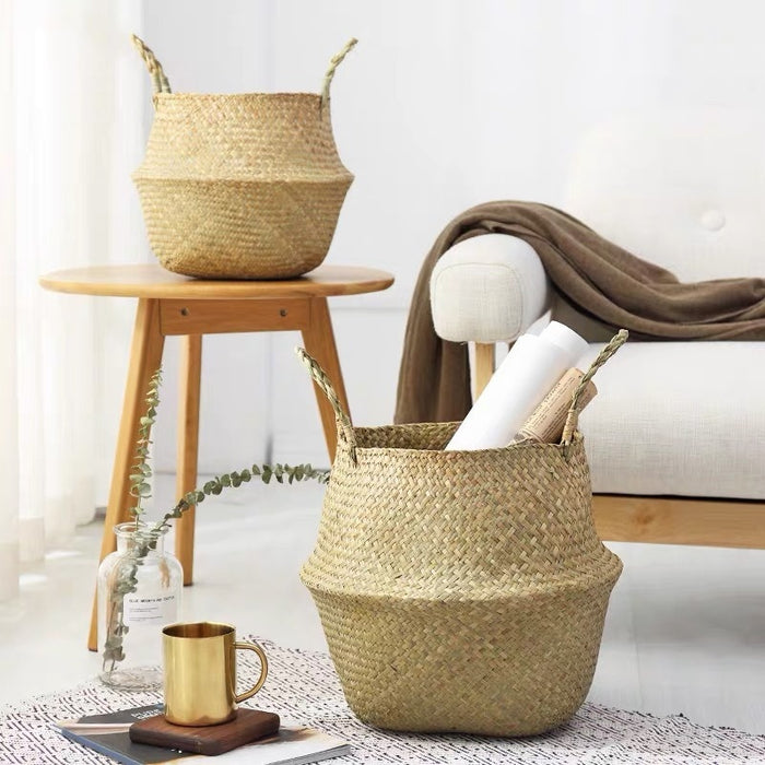 HANDMADE BAMBOO STORAGE BASKETS FOLDABLE LAUNDRY STRAW PATCHWORK WICKER RATTAN SEAGRASS BELLY GARDEN FLOWER POT PLANTER BASKET