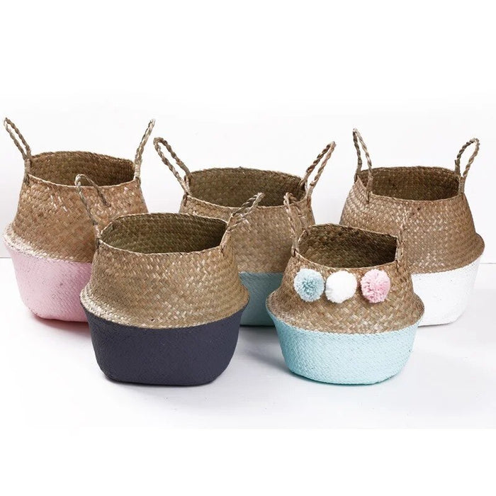 HANDMADE BAMBOO STORAGE BASKETS FOLDABLE LAUNDRY STRAW PATCHWORK WICKER RATTAN SEAGRASS BELLY GARDEN FLOWER POT PLANTER BASKET