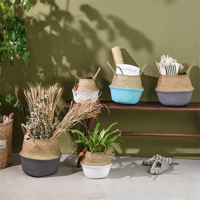 HANDMADE BAMBOO STORAGE BASKETS FOLDABLE LAUNDRY STRAW PATCHWORK WICKER RATTAN SEAGRASS BELLY GARDEN FLOWER POT PLANTER BASKET